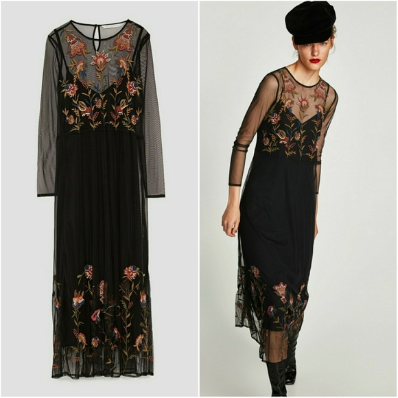 Zara Dresses & Skirts - ZARA // black tulle embroidered lined midi dress